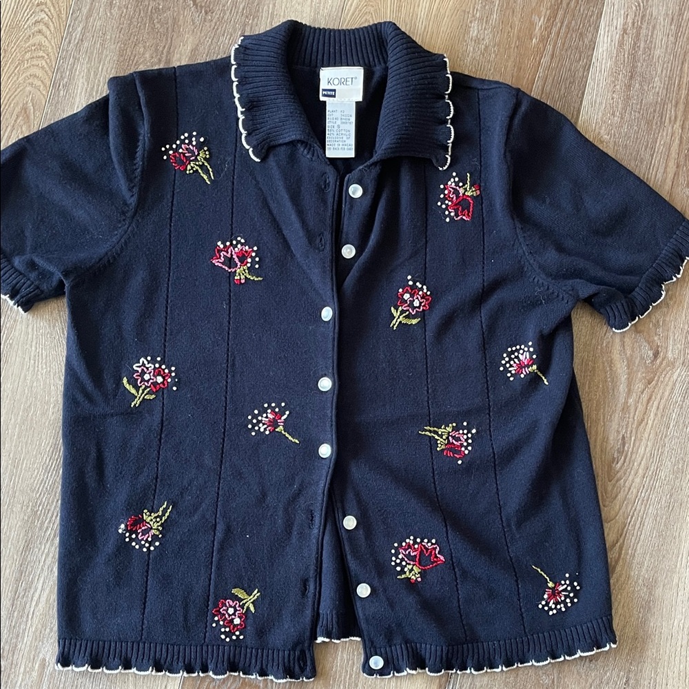 Koret Black Button Down Shirt with Red Floral Embroidery